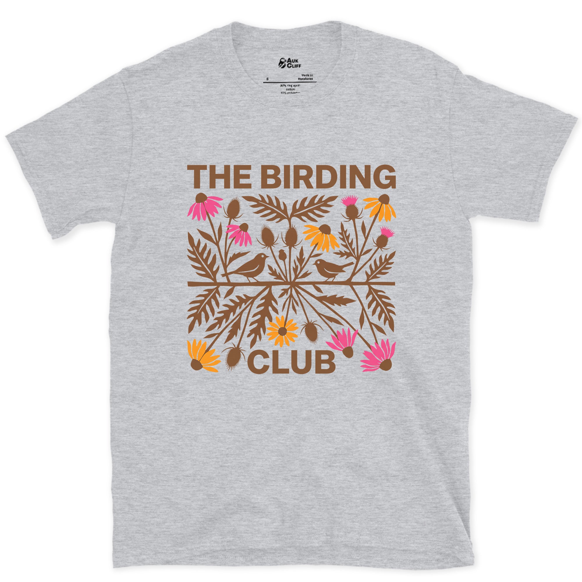 Birding Club Folk Florals in Orange and Pink design on a Sport Grey Gildan Softstyle t-shirt