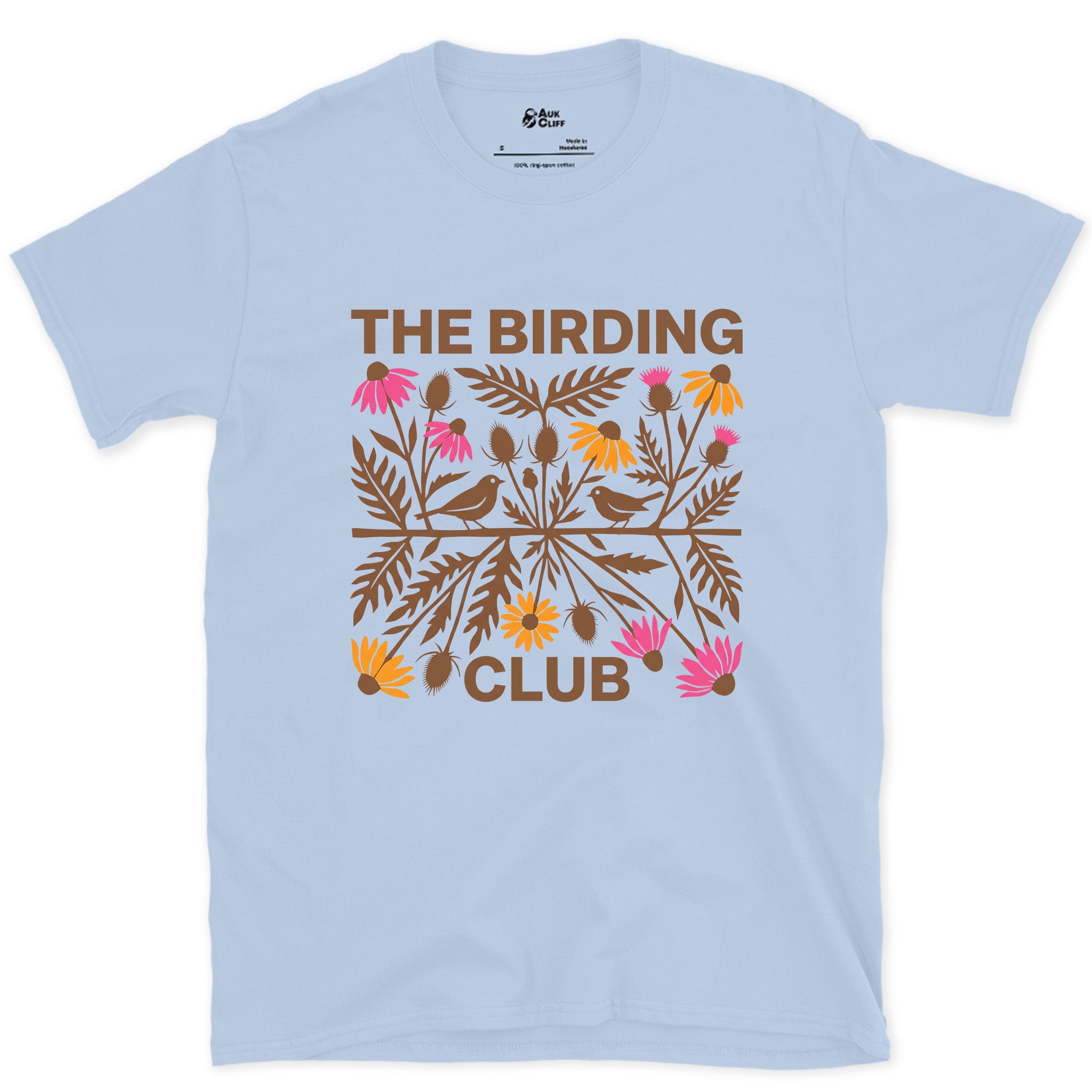 Birding Club Folk Florals in Orange and Pink design on a Light Blue Gildan Softstyle t-shirt