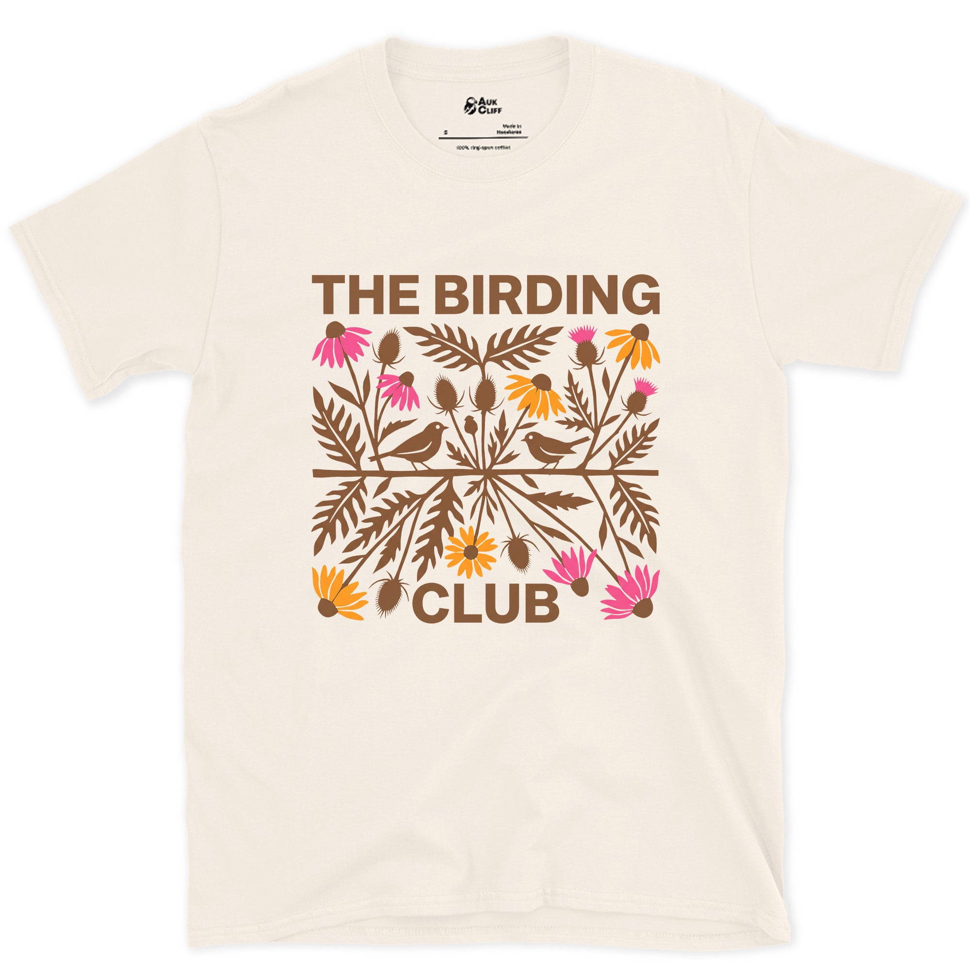 Birding Club Folk Florals in Orange and Pink design on a Natural Gildan Softstyle t-shirt