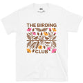 Birding Club Folk Florals in Orange and Pink design on a White Gildan Softstyle t-shirt