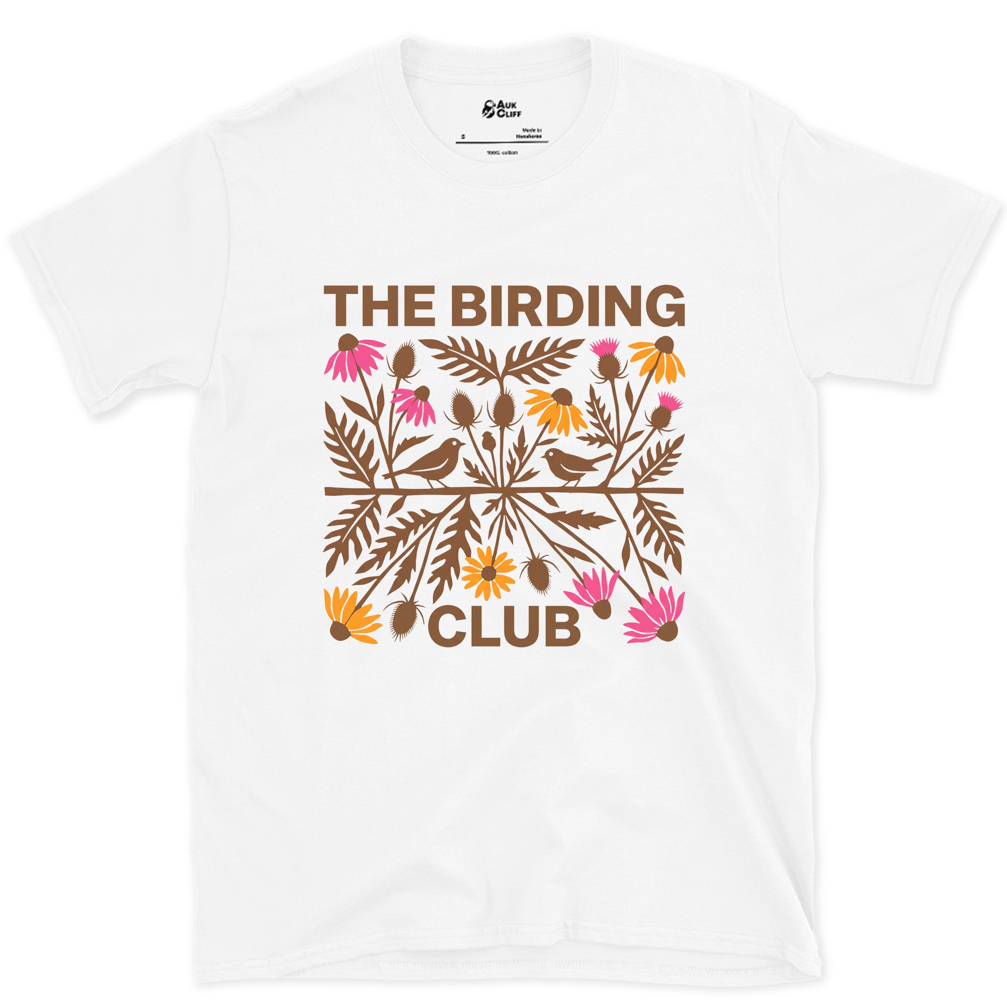 Birding Club Folk Florals in Orange and Pink design on a White Gildan Softstyle t-shirt