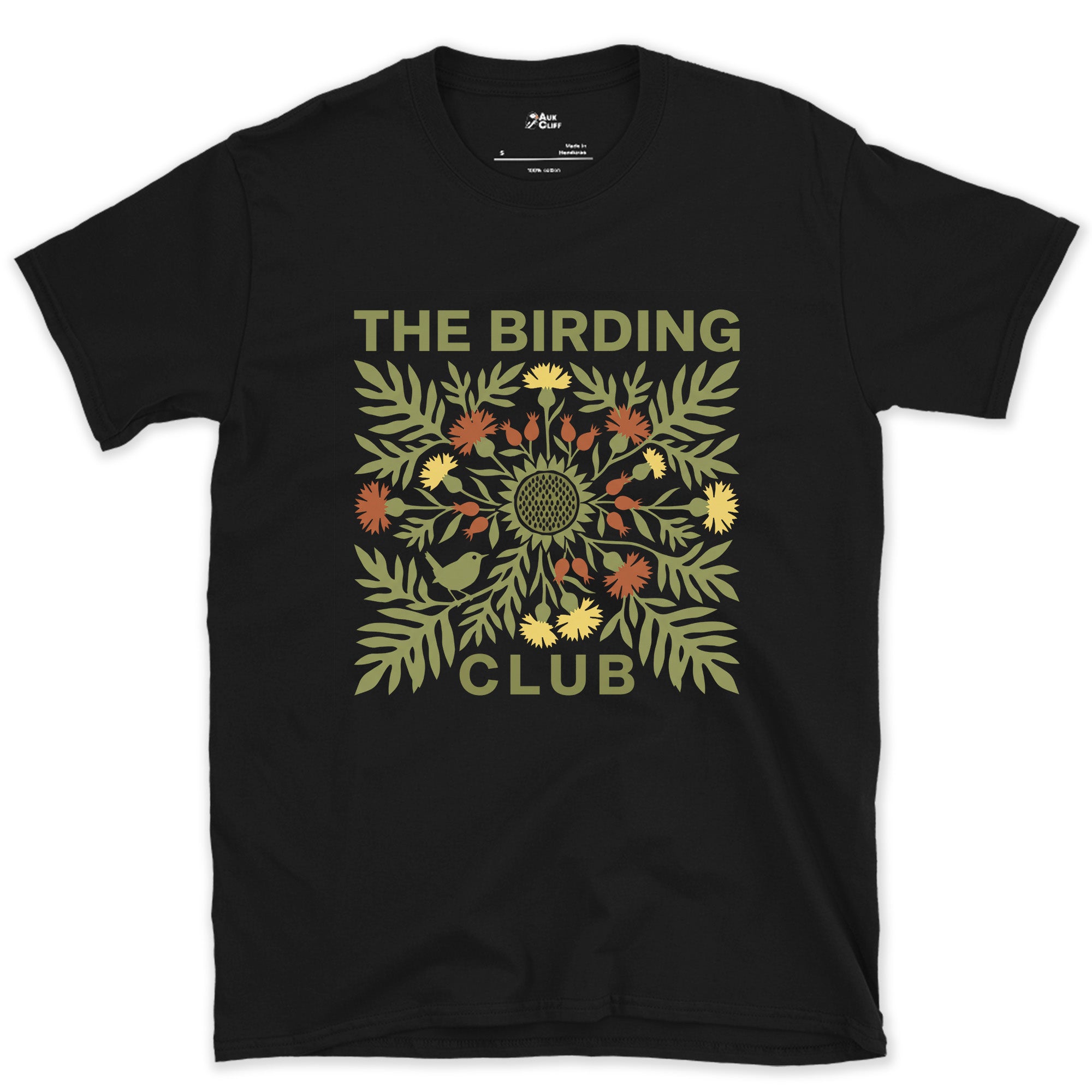 The Birding Club's Folk Florals in Olive and Red design on a Black Gildan Softstyle t-shirt
