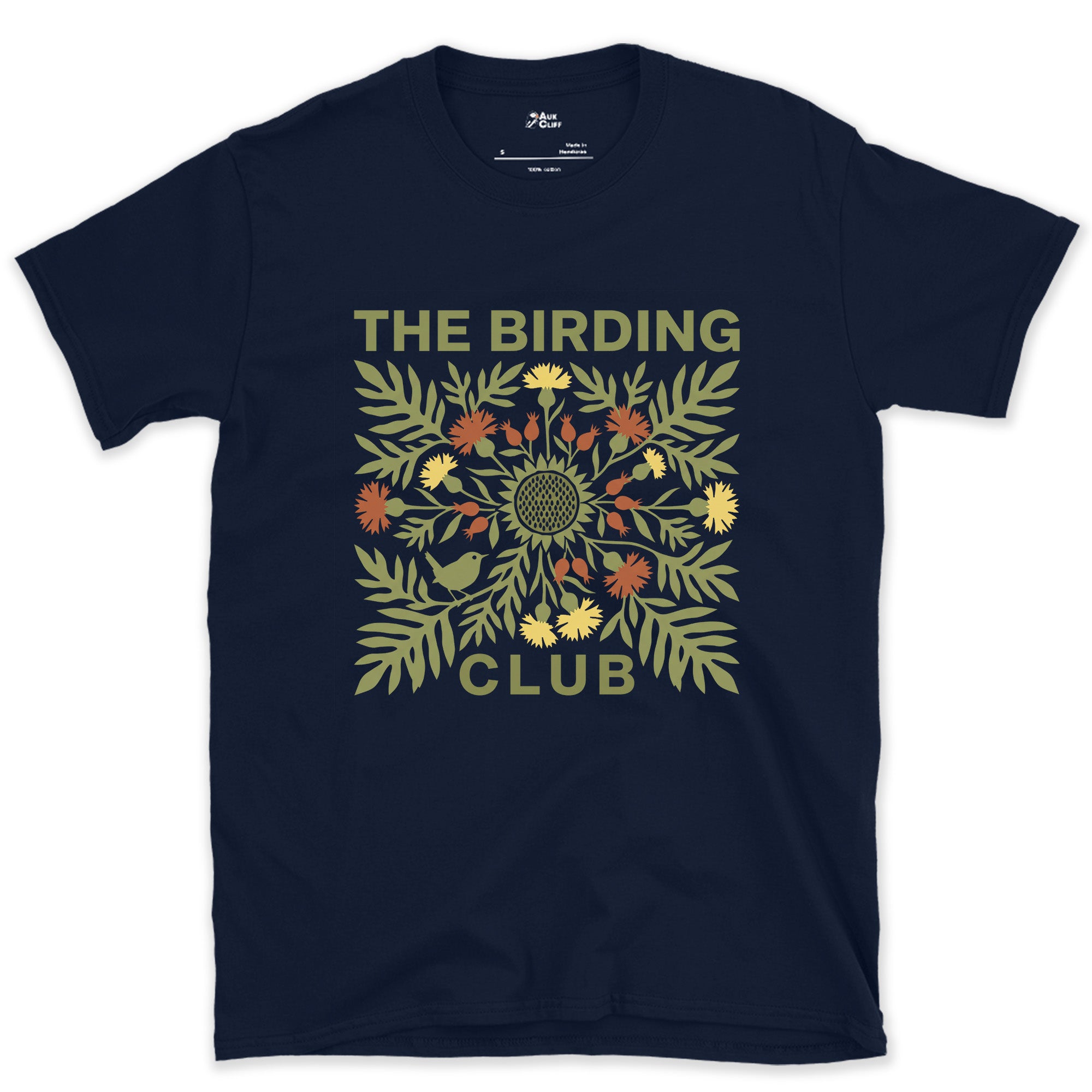 The Birding Club's Folk Florals in Olive and Red design on a Navy Gildan Softstyle t-shirt
