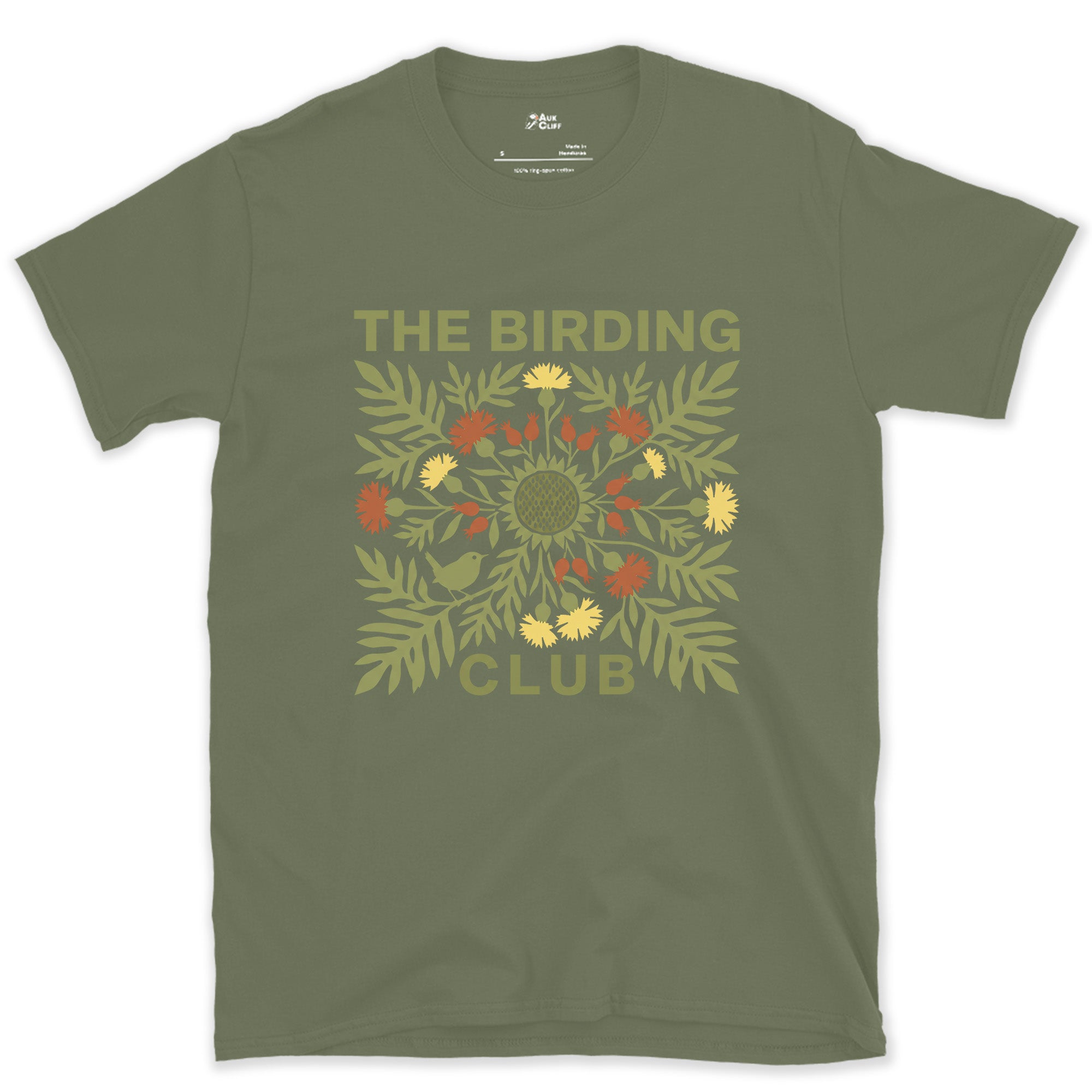 The Birding Club's Folk Florals in Olive and Red design on a Military Green Gildan Softstyle t-shirt