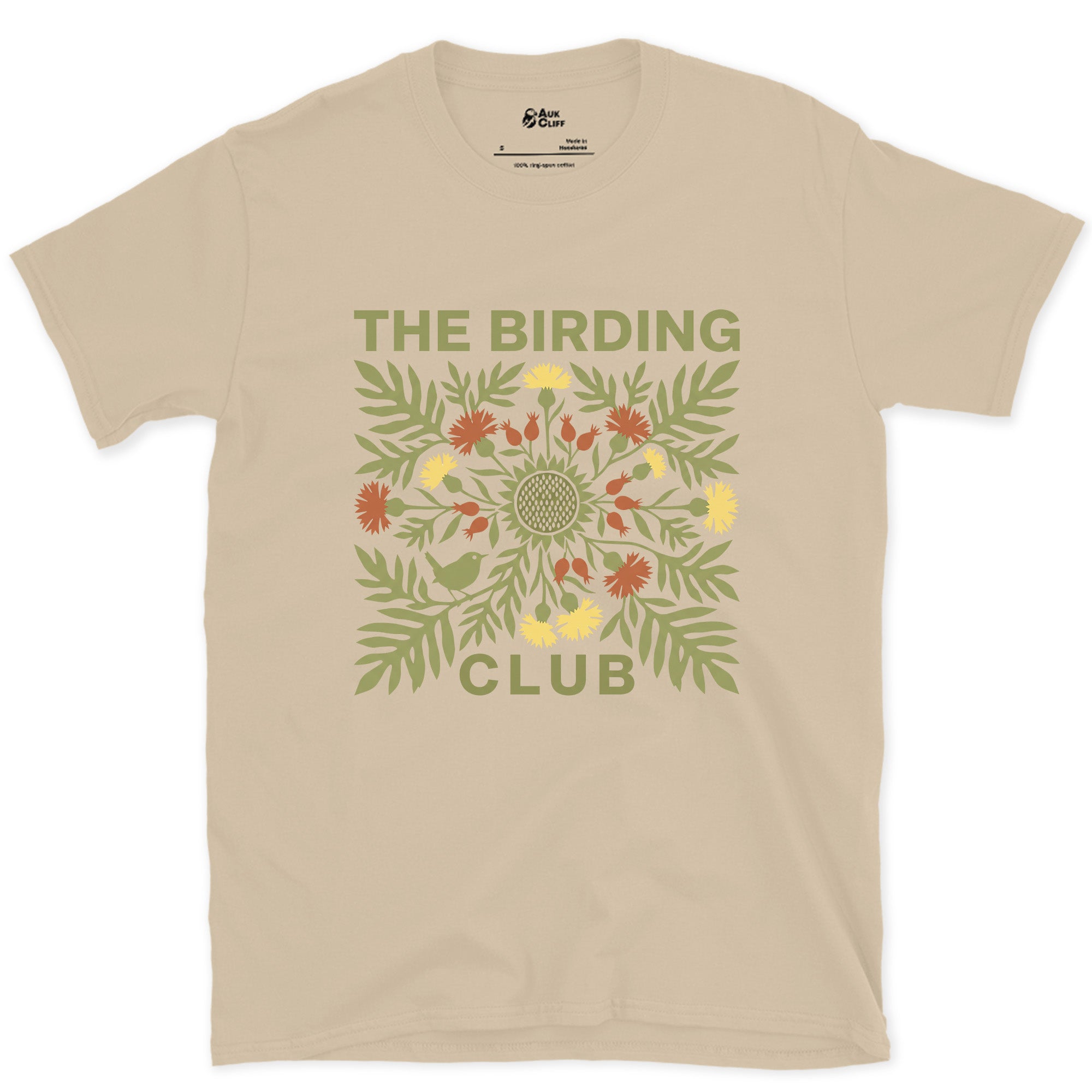 The Birding Club's Folk Florals in Olive and Red design on a Sand Gildan Softstyle t-shirt