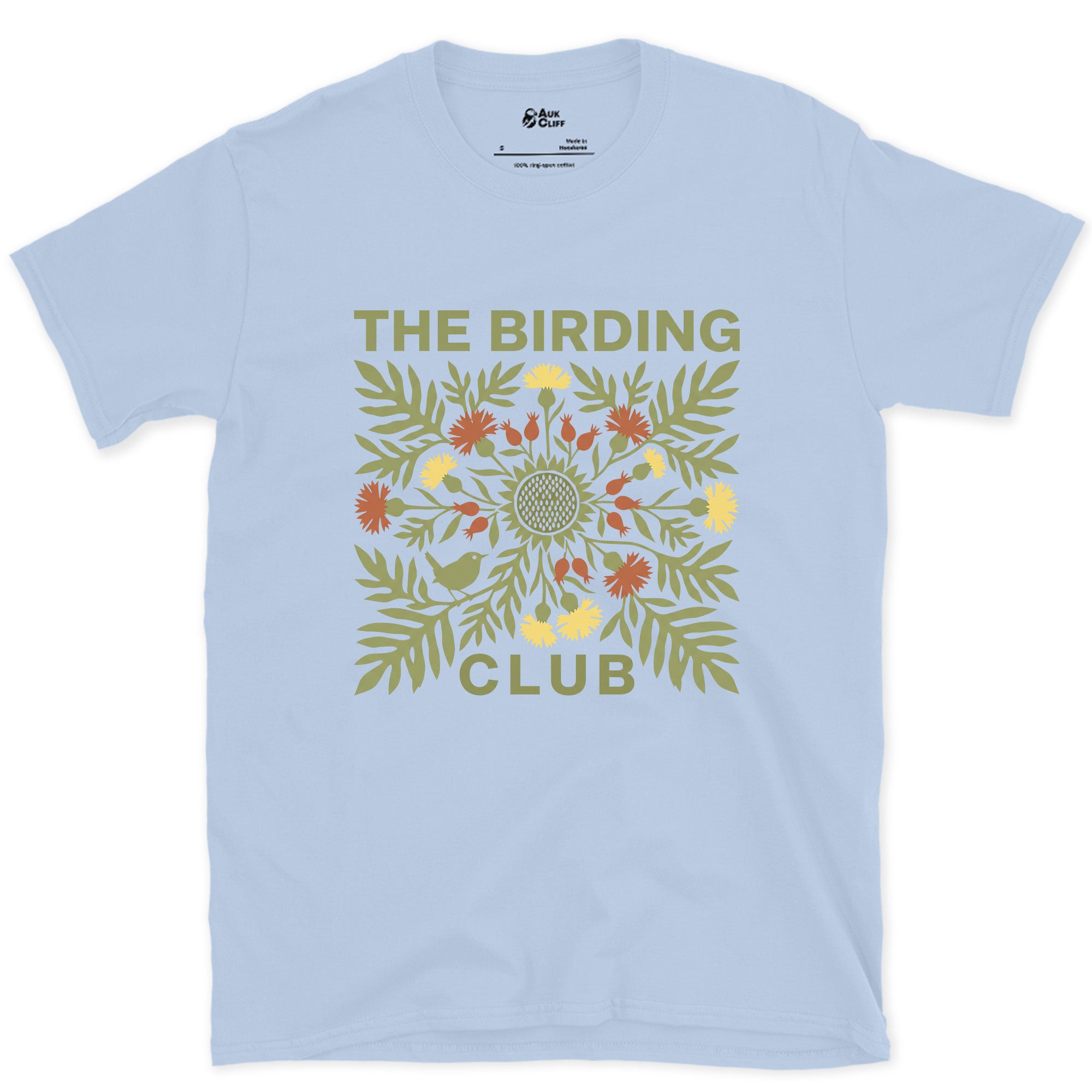 The Birding Club's Folk Florals in Olive and Red design on a Light Blue Gildan Softstyle t-shirt