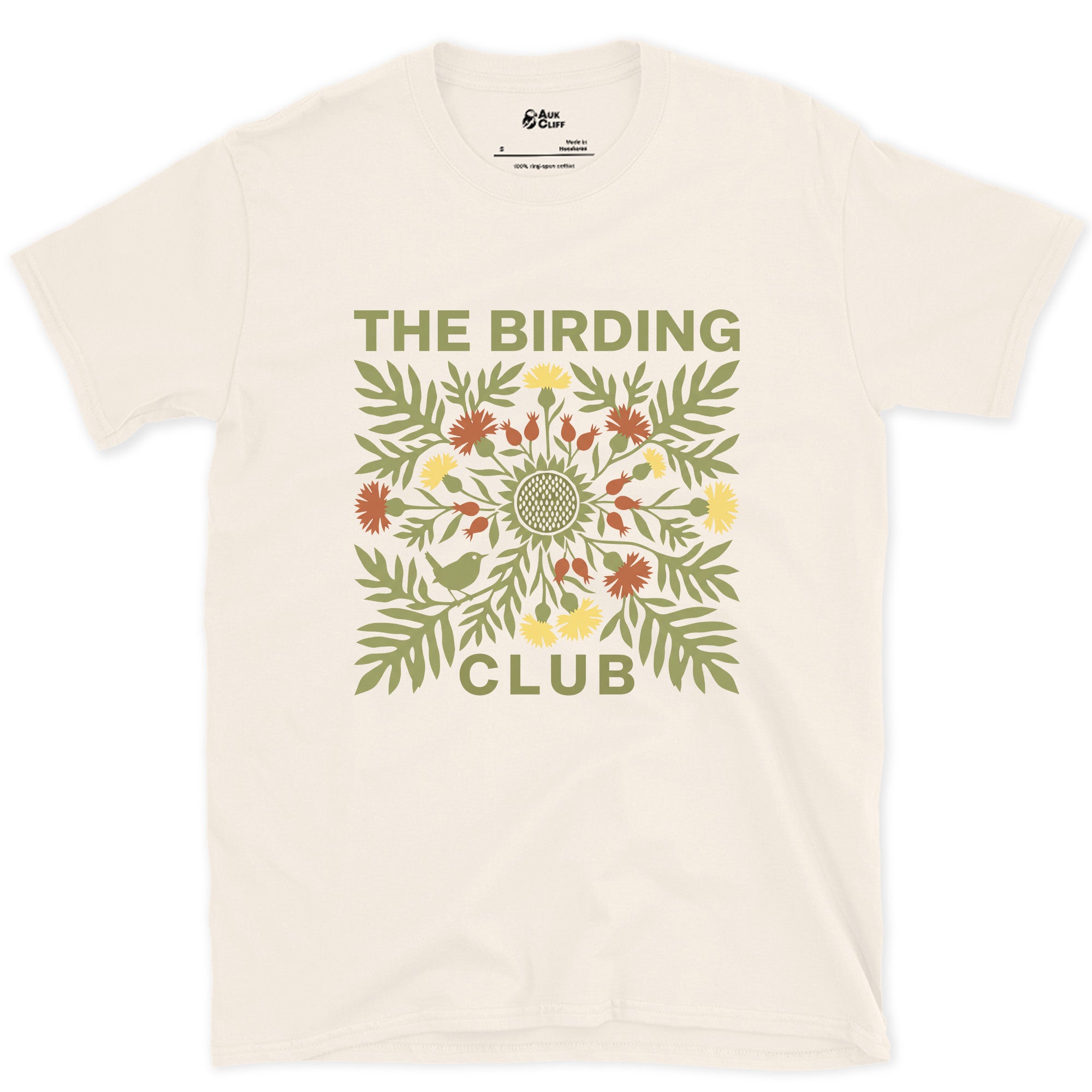 The Birding Club's Folk Florals in Olive and Red design on a Natural Gildan Softstyle t-shirt
