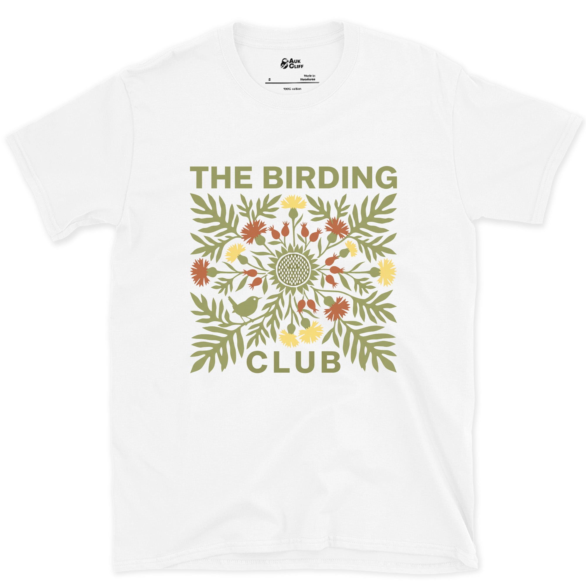 The Birding Club's Folk Florals in Olive and Red design on a White Gildan Softstyle t-shirt