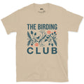 Folk Florals in Blue and Coral, Birding Club design on a Sand Gildan Softstyle t-shirt