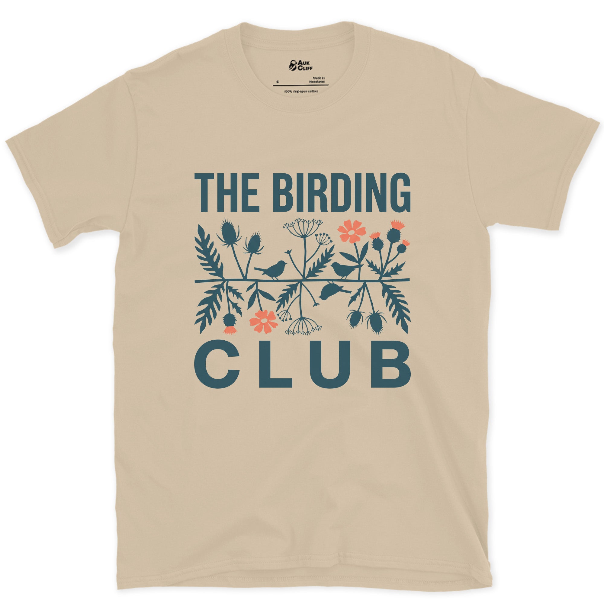 Folk Florals in Blue and Coral, Birding Club design on a Sand Gildan Softstyle t-shirt