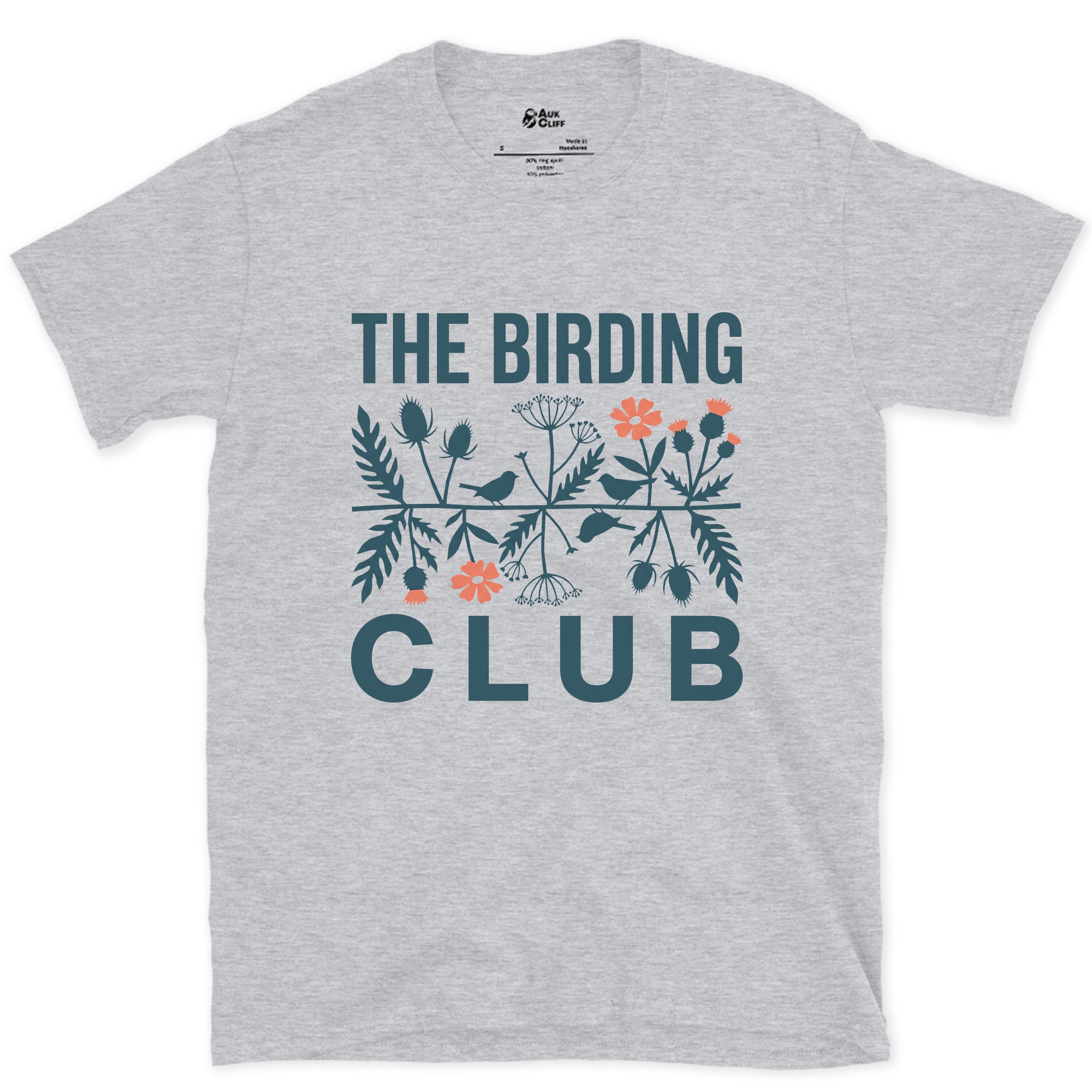 Folk Florals in Blue and Coral, Birding Club design on a Sport Grey Gildan Softstyle t-shirt