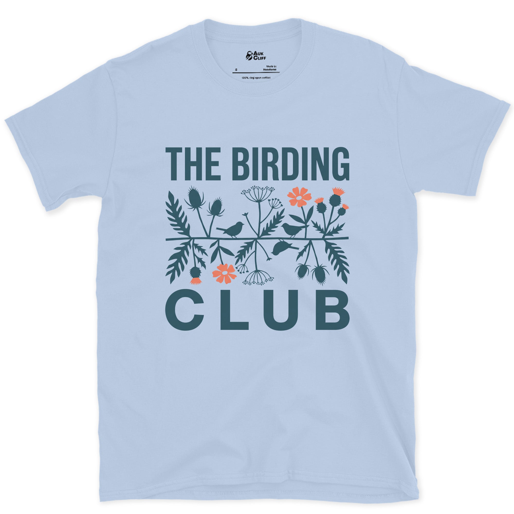 Folk Florals in Blue and Coral, Birding Club design on a Light Blue Gildan Softstyle t-shirt