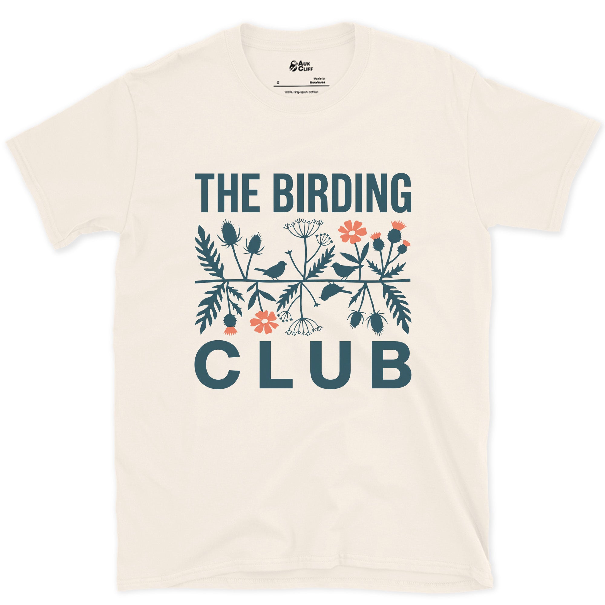 Folk Florals in Blue and Coral, Birding Club design on a Natural Gildan Softstyle t-shirt