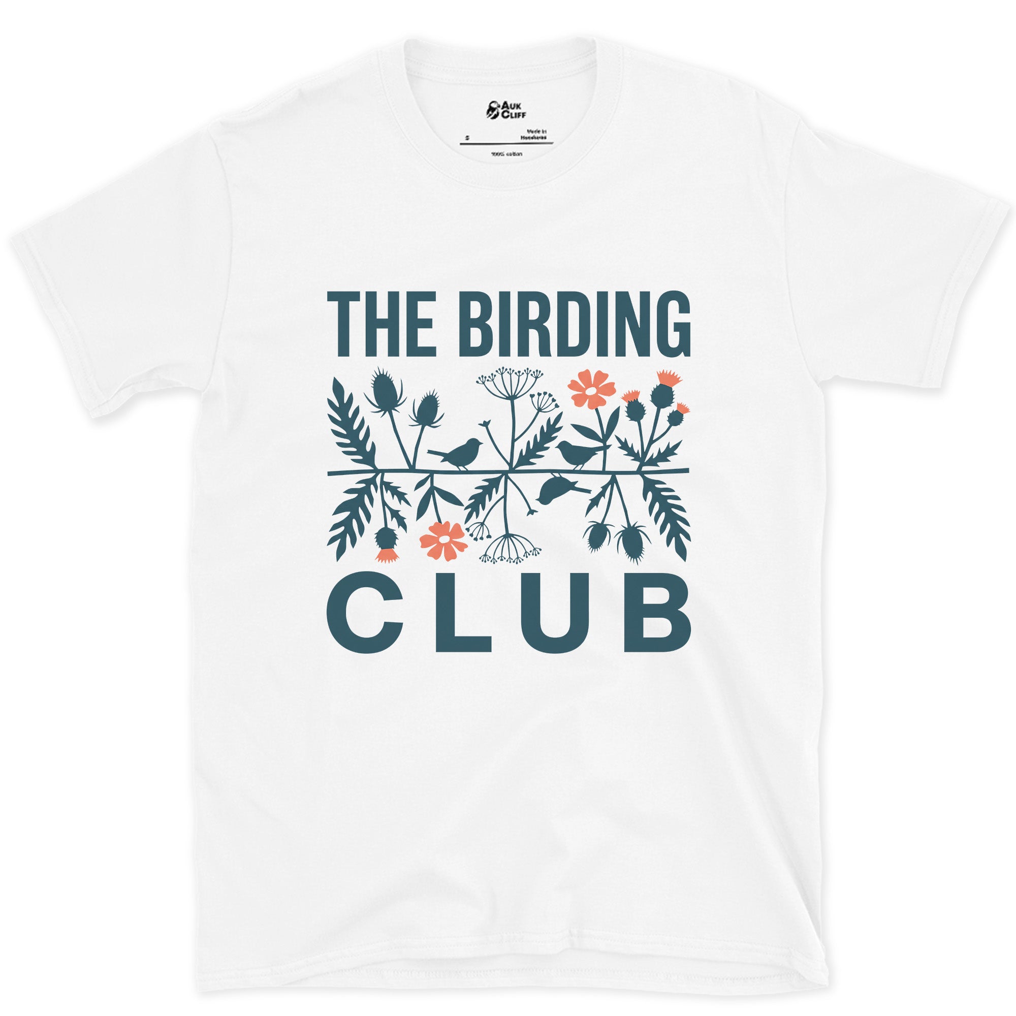 Folk Florals in Blue and Coral, Birding Club design on a White Gildan Softstyle t-shirt