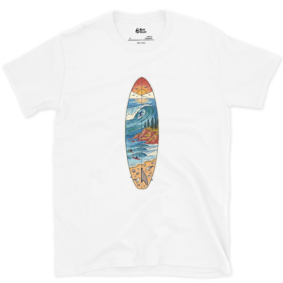 The Break Runs Down the Board design on a White Gildan Softstyle t-shirt