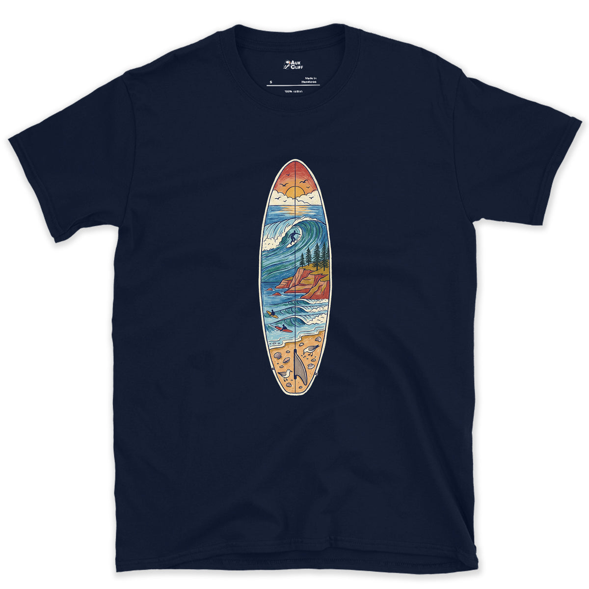 The Break Runs Down the Board design on a Navy Gildan Softstyle t-shirt