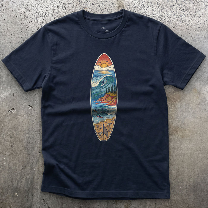 The Break Runs Down the Board design on a Navy Gildan Softstyle t-shirt