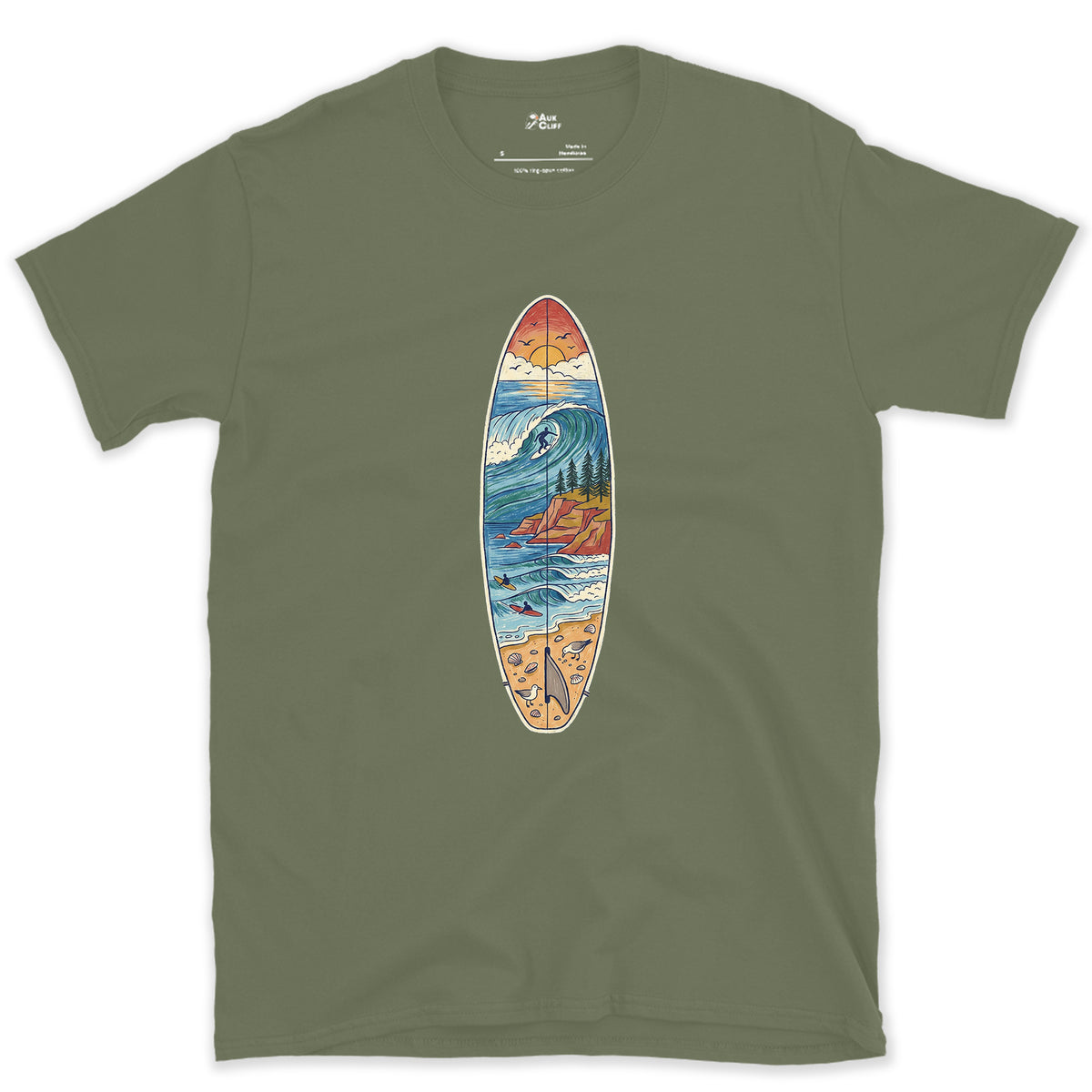 The Break Runs Down the Board design on a Military Green Gildan Softstyle t-shirt