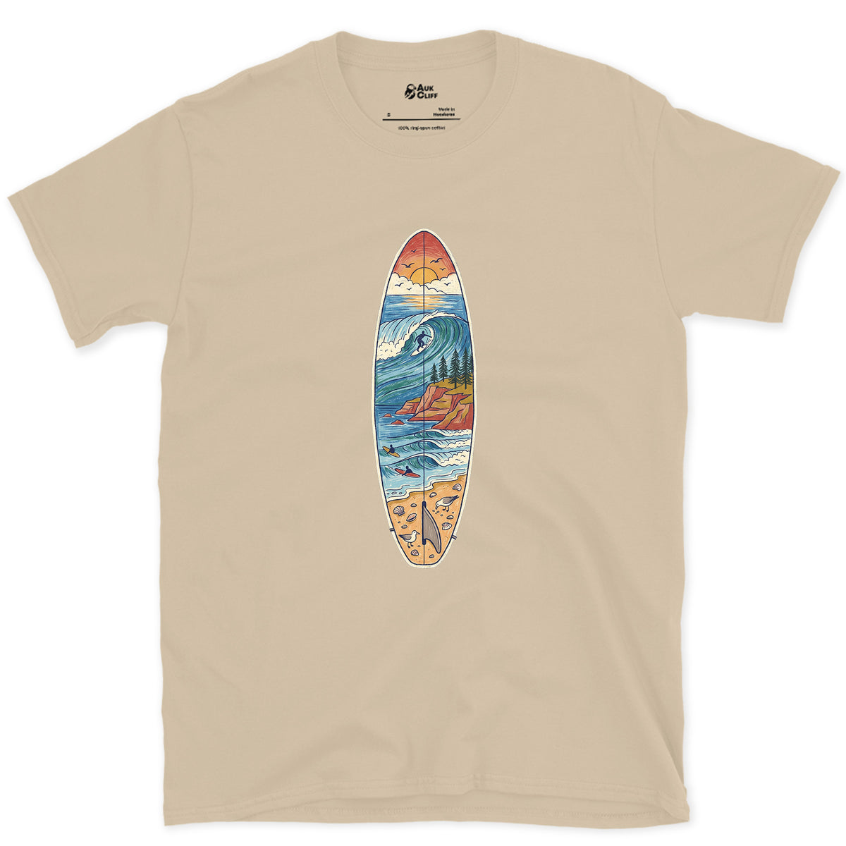 The Break Runs Down the Board design on a Sand Gildan Softstyle t-shirt