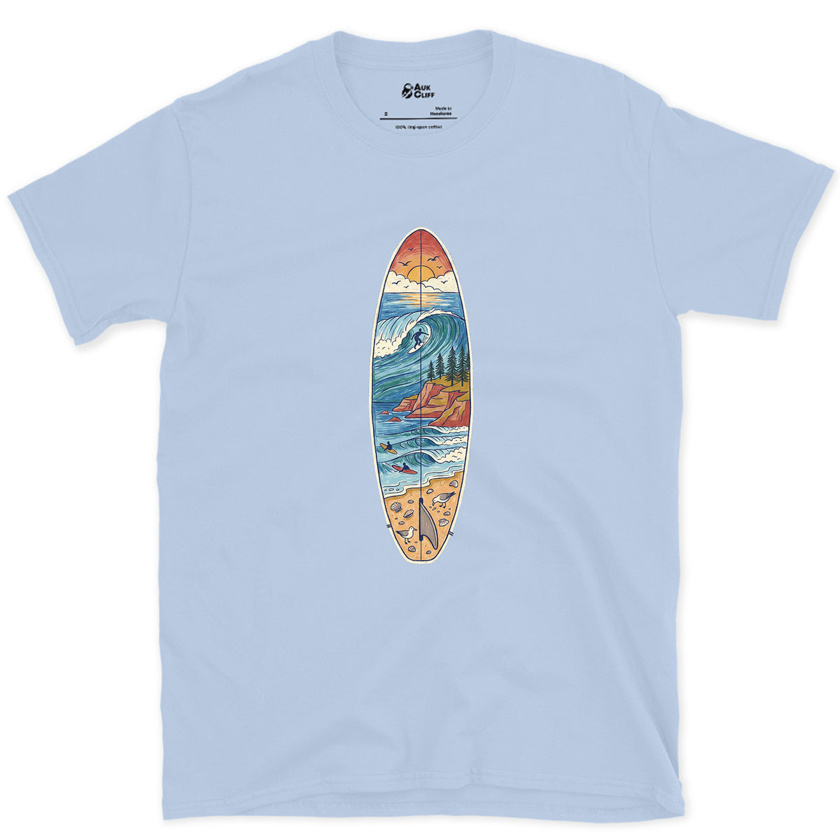 The Break Runs Down the Board design on a Light Blue Gildan Softstyle t-shirt