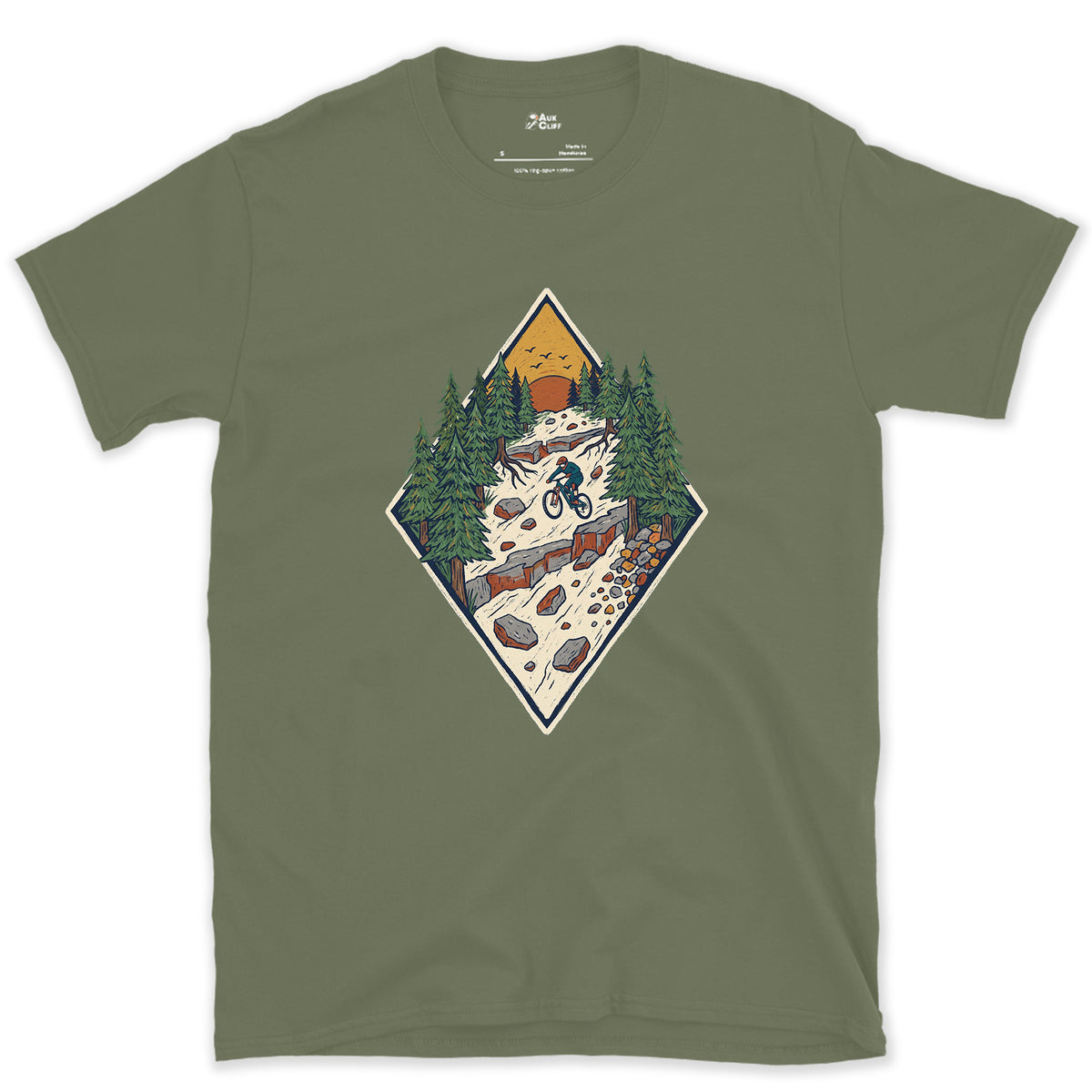 The Chute Behind the Diamond design on a Military Green Gildan Softstyle t-shirt