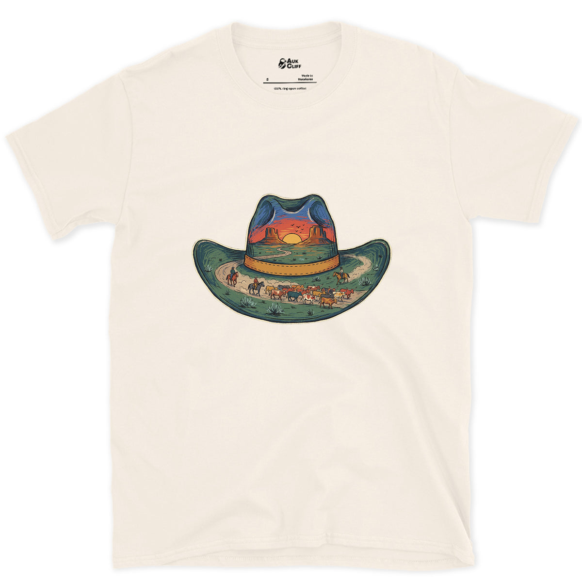 The Trail Home at Sunset, Cowboy Hat design on a Natural Gildan Softstyle t-shirt