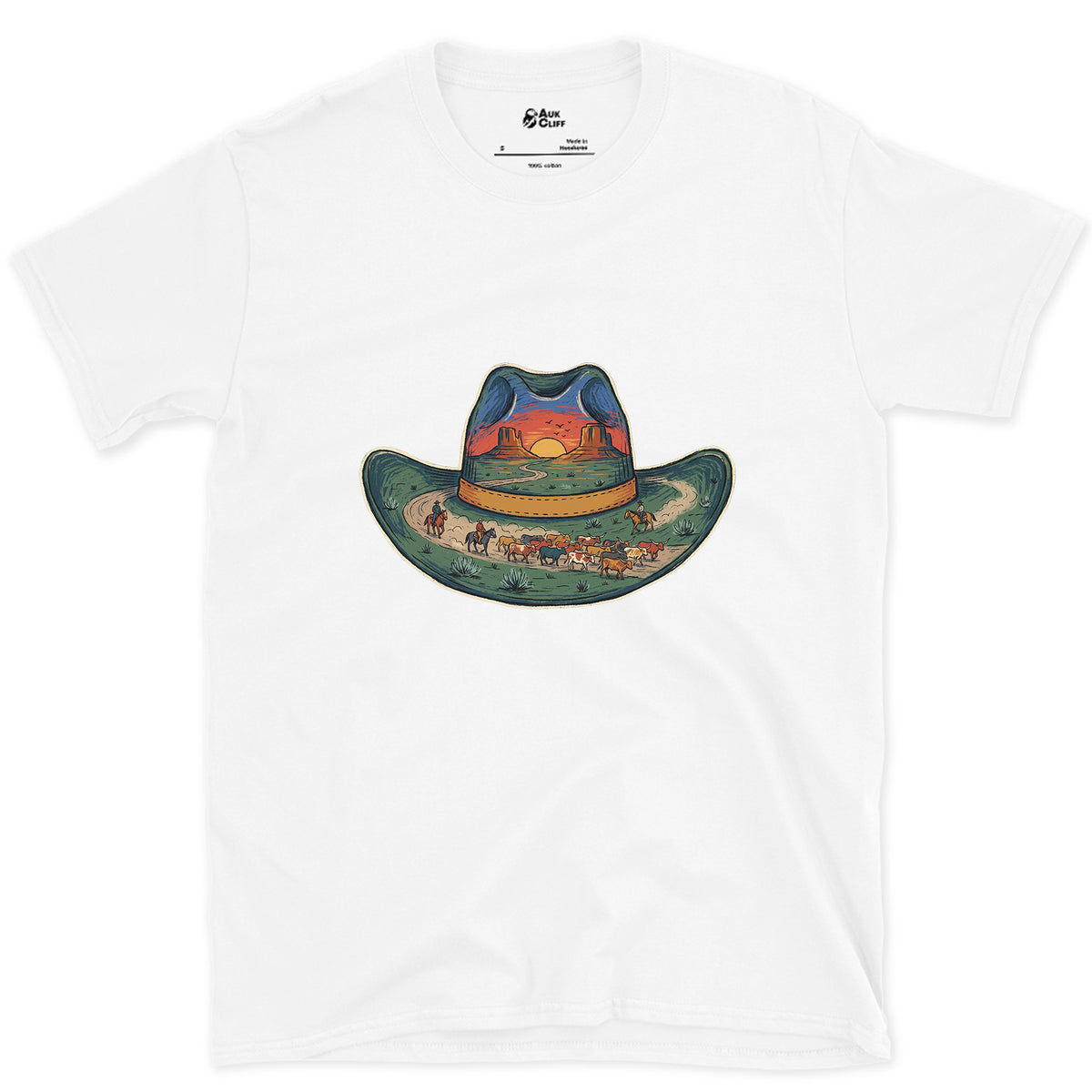 The Trail Home at Sunset, Cowboy Hat design on a White Gildan Softstyle t-shirt