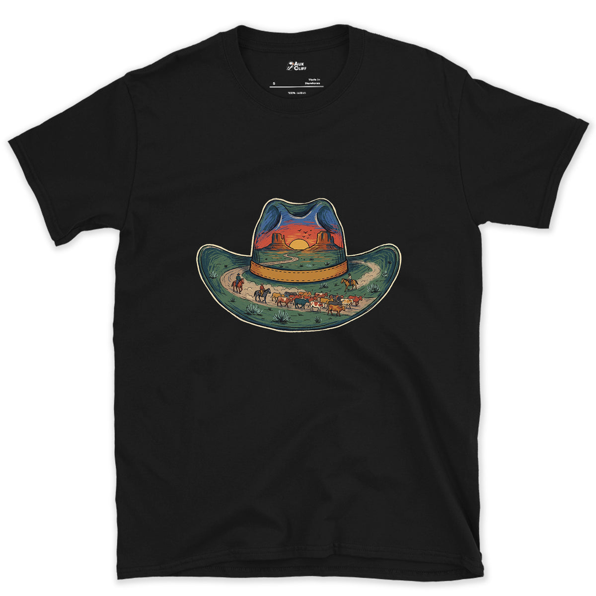The Trail Home at Sunset, Cowboy Hat design on a Black Gildan Softstyle t-shirt