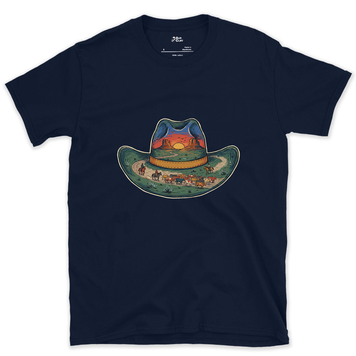 The Trail Home at Sunset, Cowboy Hat design on a Navy Gildan Softstyle t-shirt