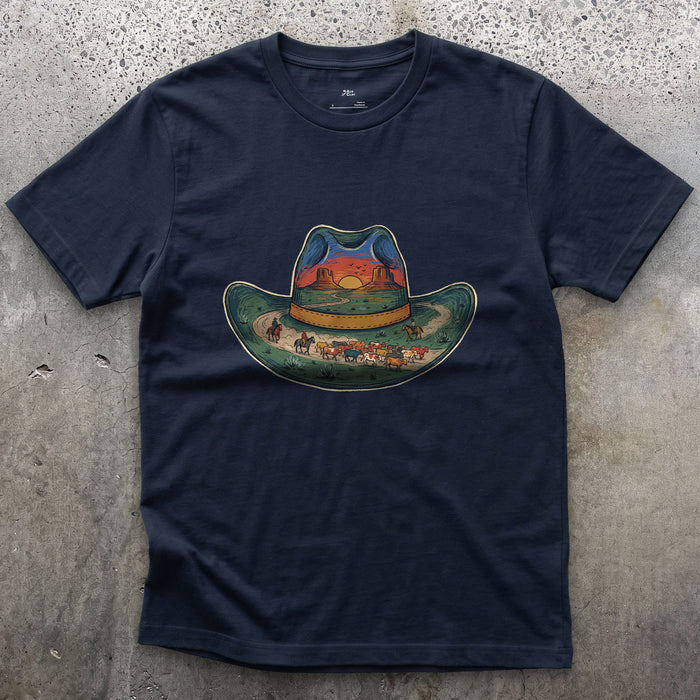 The Trail Home at Sunset, Cowboy Hat design on a Navy Gildan Softstyle t-shirt