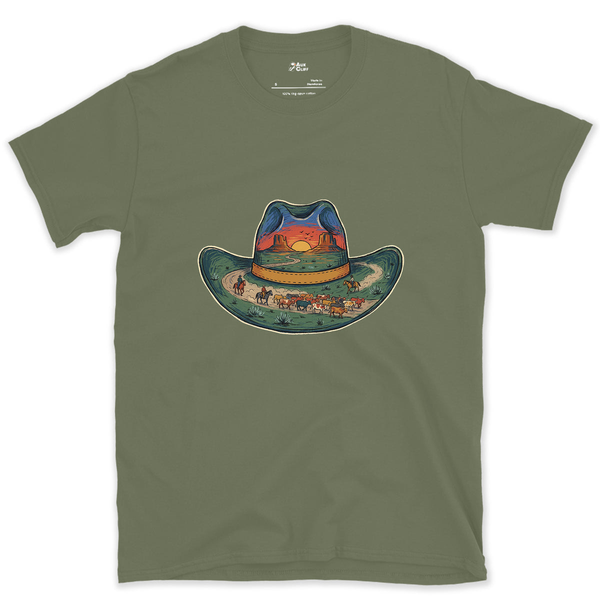 The Trail Home at Sunset, Cowboy Hat design on a Military Green Gildan Softstyle t-shirt