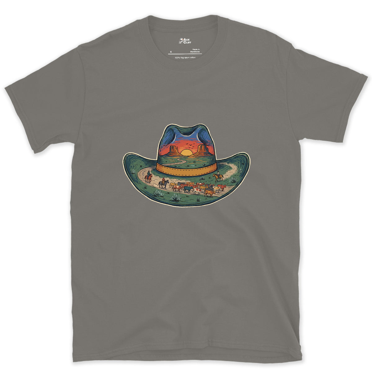 The Trail Home at Sunset, Cowboy Hat design on a Charcoal Gildan Softstyle t-shirt