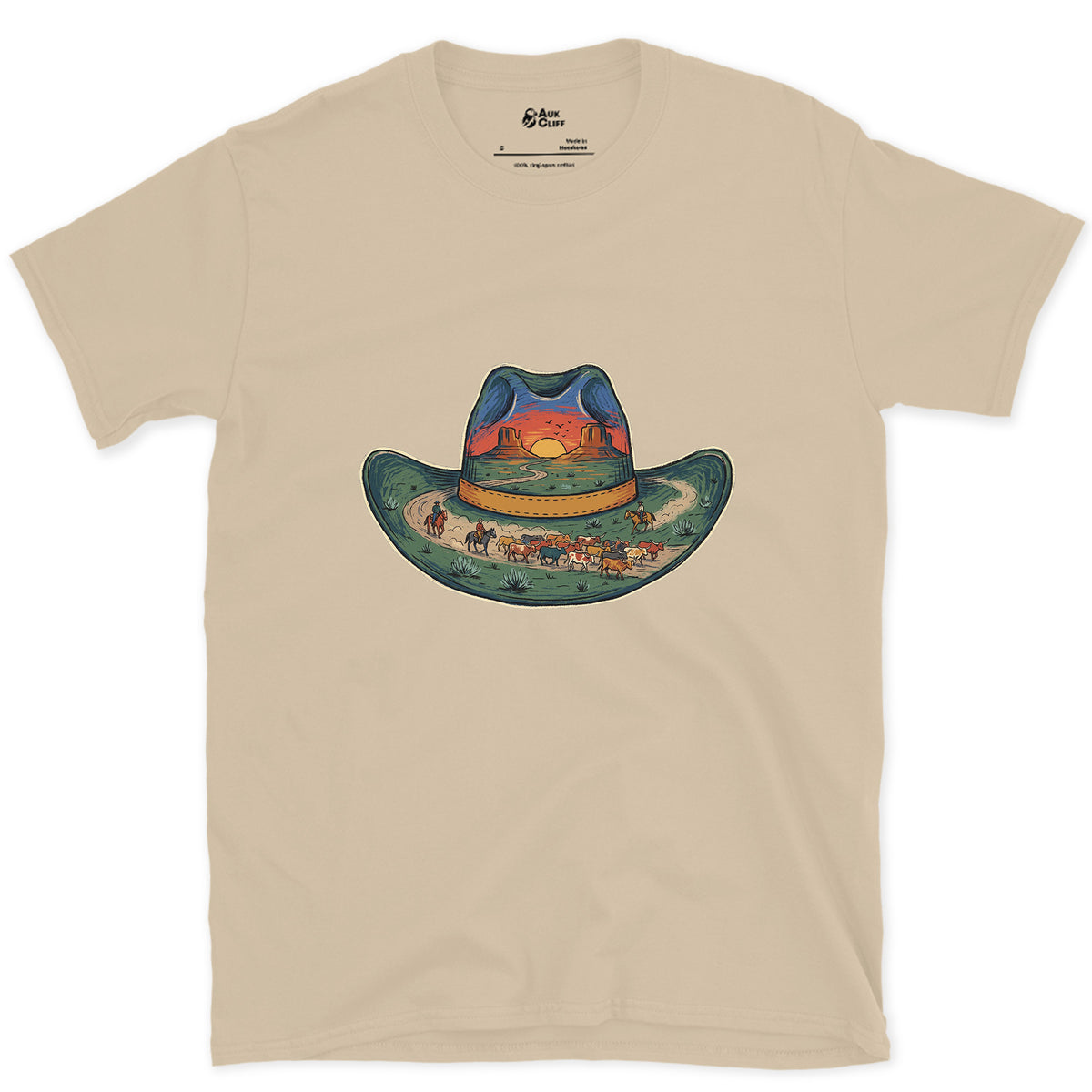 The Trail Home at Sunset, Cowboy Hat design on a Sand Gildan Softstyle t-shirt