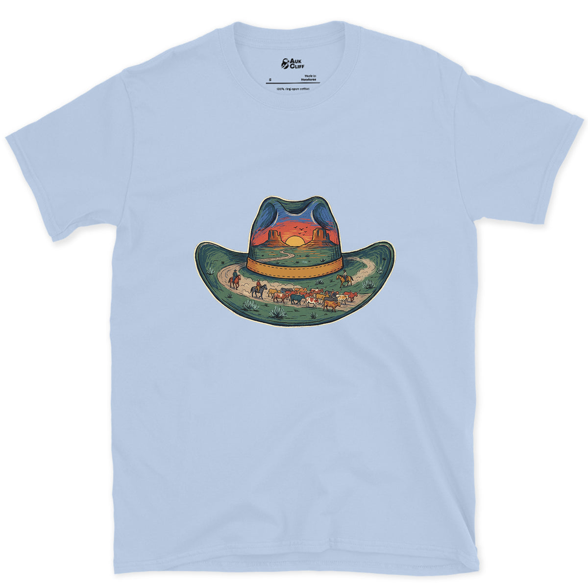 The Trail Home at Sunset, Cowboy Hat design on a Light Blue Gildan Softstyle t-shirt