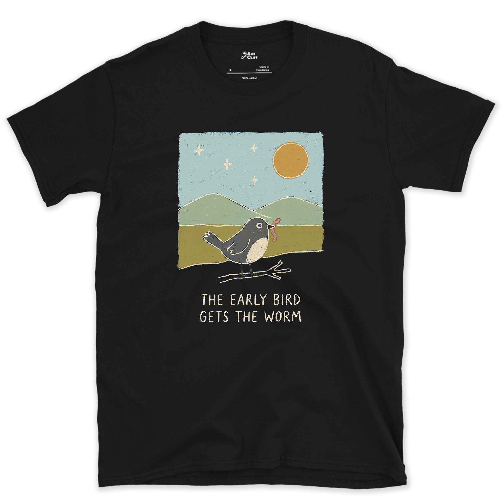 The Early Bird Gets the Worm design on a Black Gildan Softstyle t-shirt