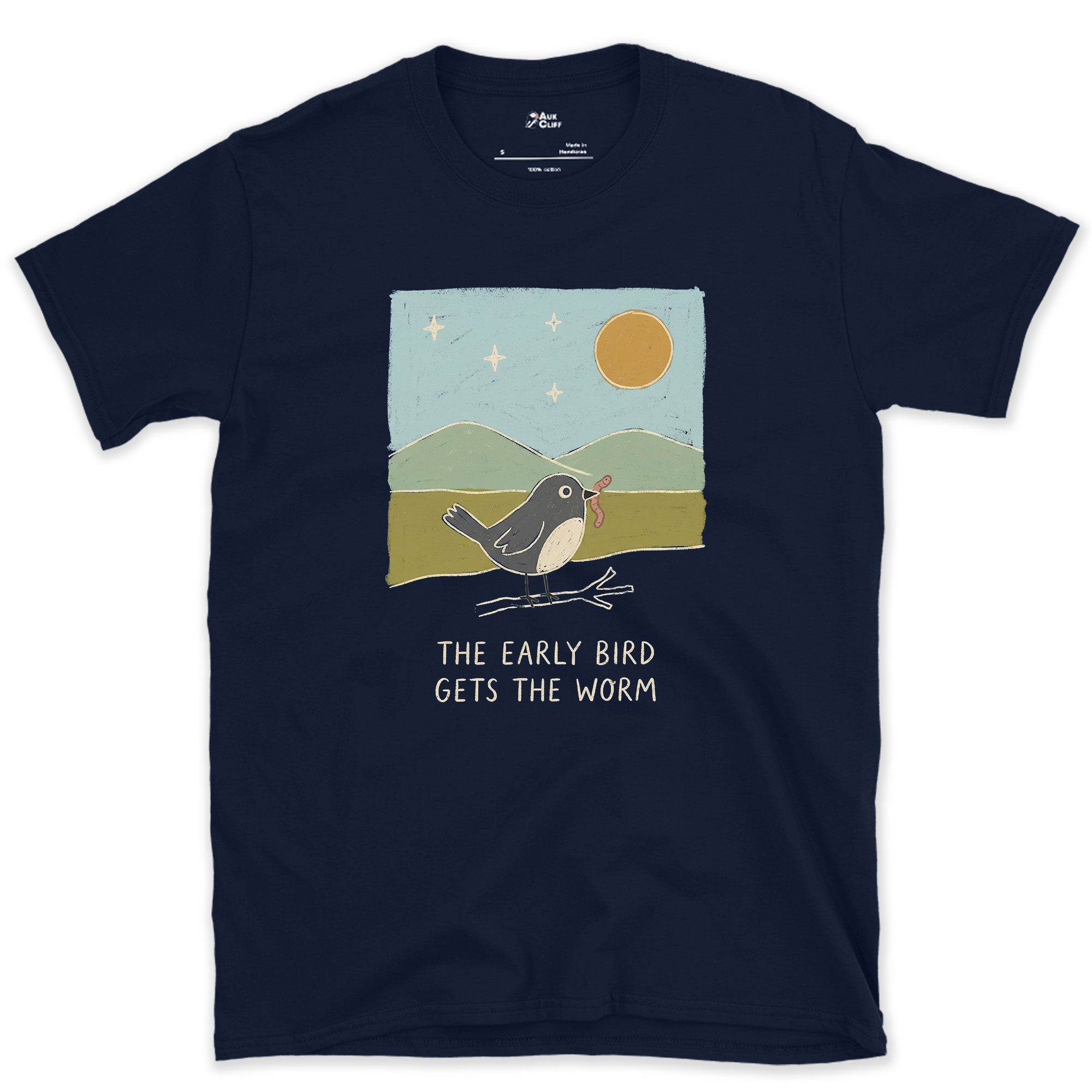 The Early Bird Gets the Worm design on a Navy Gildan Softstyle t-shirt