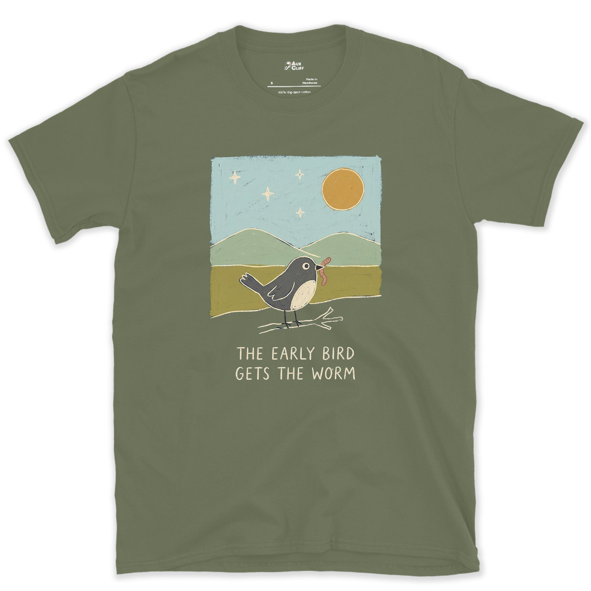 The Early Bird Gets the Worm design on a Military Green Gildan Softstyle t-shirt