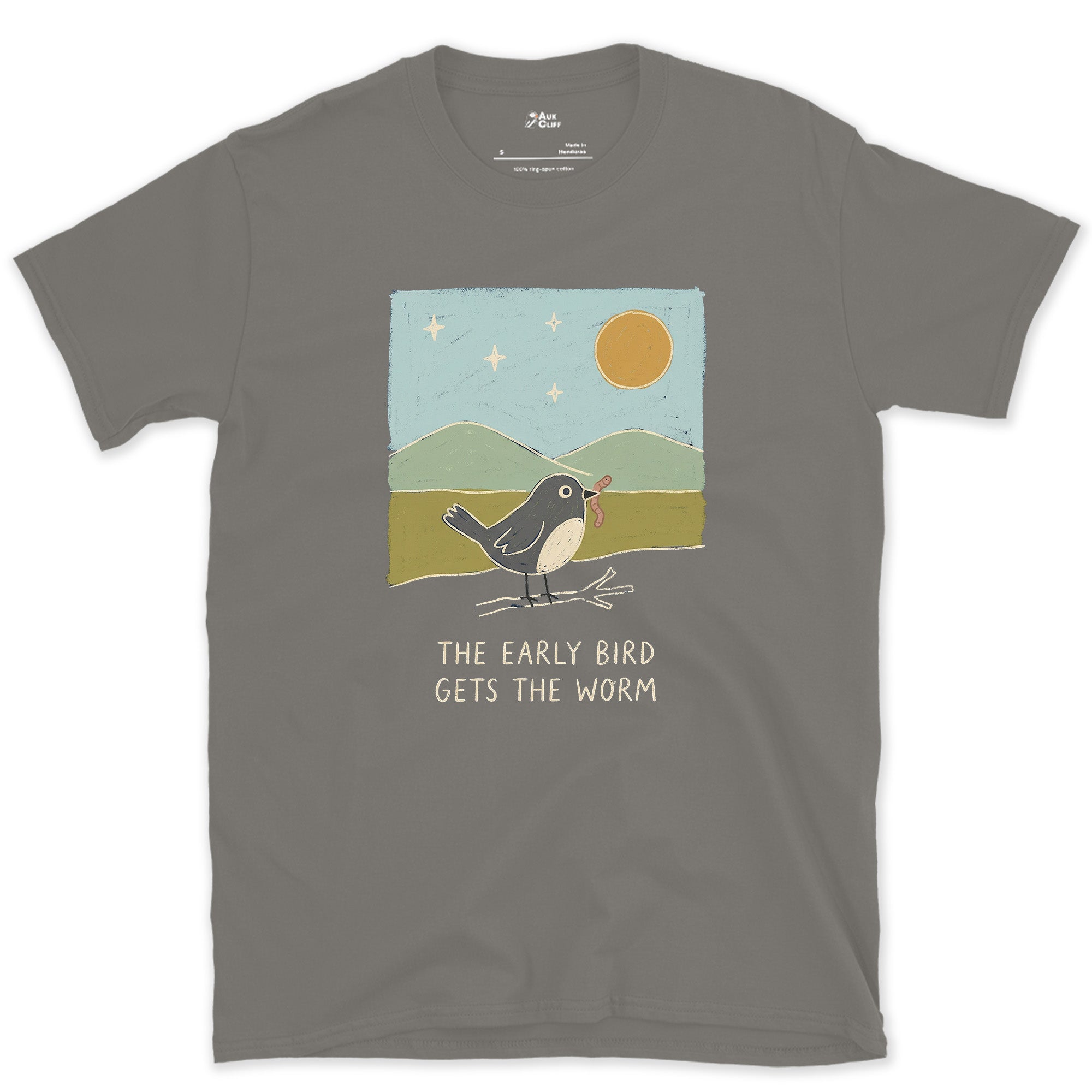 The Early Bird Gets the Worm design on a Charcoal Gildan Softstyle t-shirt