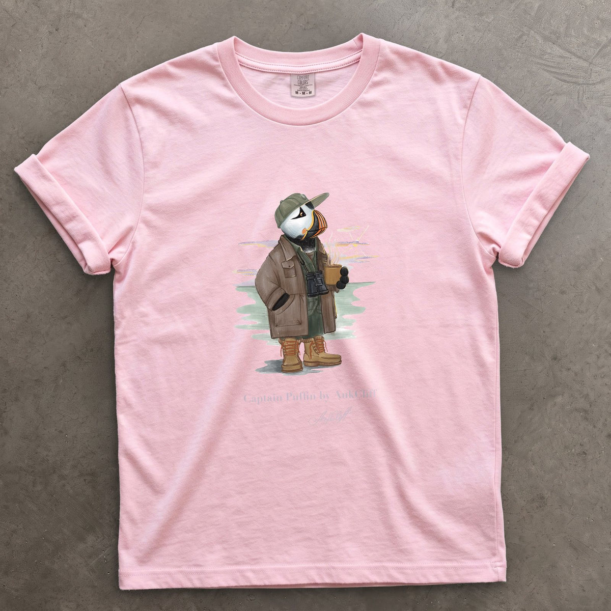 Captain Puffin Early Birder on a Blossom Comfort Colors t-shirt