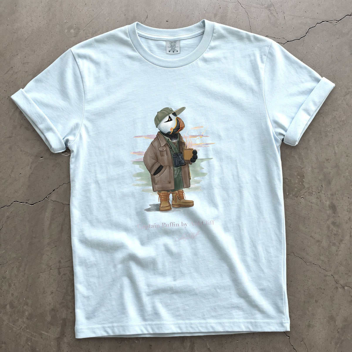 Captain Puffin Early Birder on a Chambray Comfort Colors t-shirt