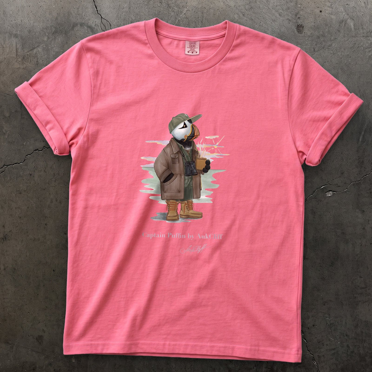 Captain Puffin Early Birder on a Crunchberry Comfort Colors t-shirt