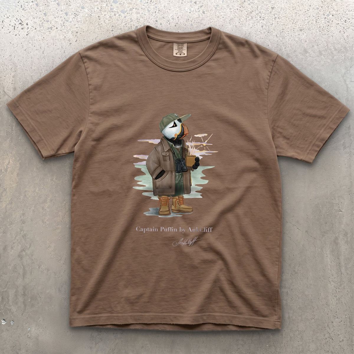 Captain Puffin Early Birder on a Espresso Comfort Colors t-shirt