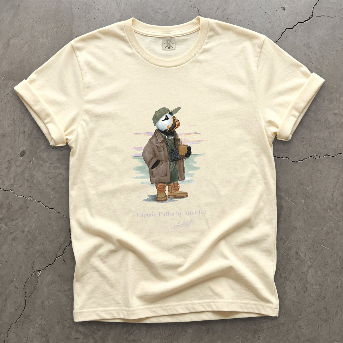 Captain Puffin Early Birder on a Ivory Comfort Colors t-shirt