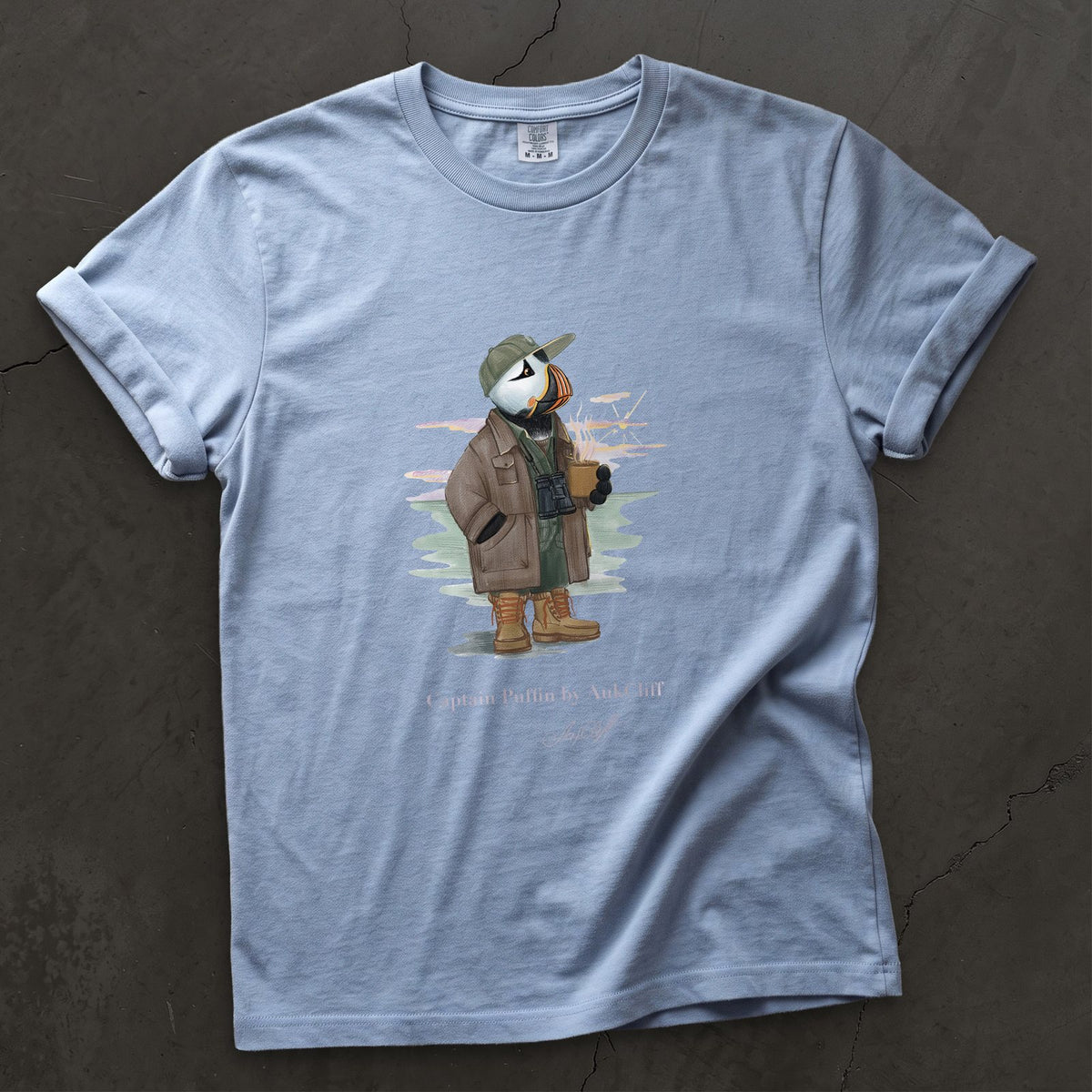 Captain Puffin Early Birder on a Washed Denim Comfort Colors t-shirt