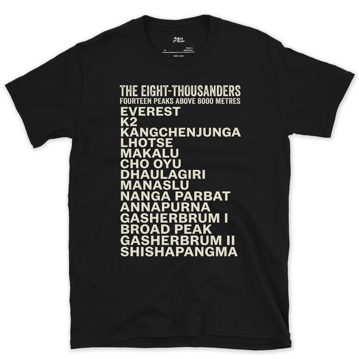 All Fourteen Eight-Thousanders From Everest to K2 design on a Black Gildan Softstyle t-shirt