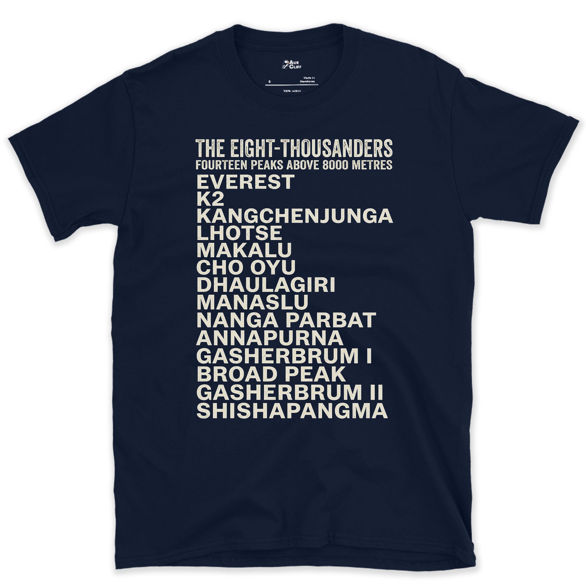 All Fourteen Eight-Thousanders From Everest to K2 design on a Navy Gildan Softstyle t-shirt