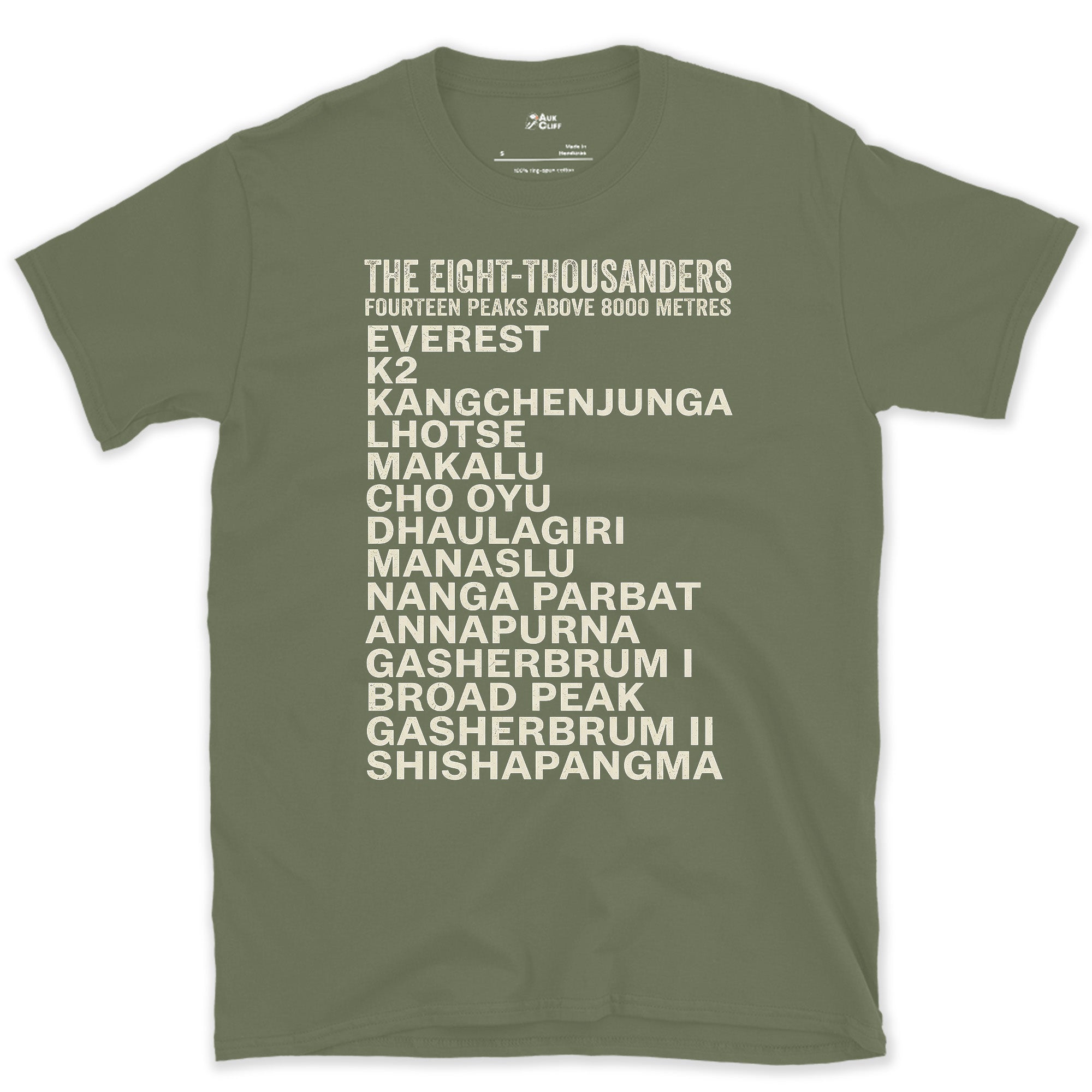 All Fourteen Eight-Thousanders From Everest to K2 design on a Military Green Gildan Softstyle t-shirt