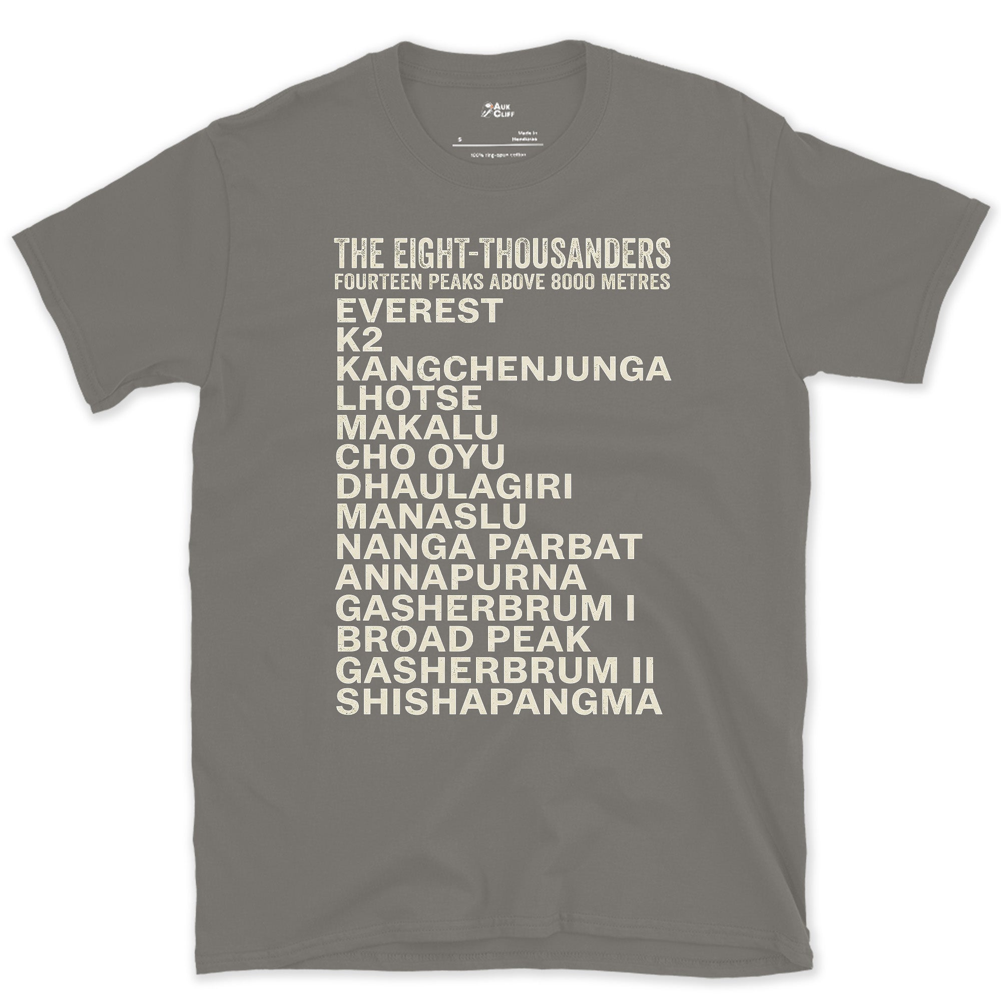 All Fourteen Eight-Thousanders From Everest to K2 design on a Charcoal Gildan Softstyle t-shirt