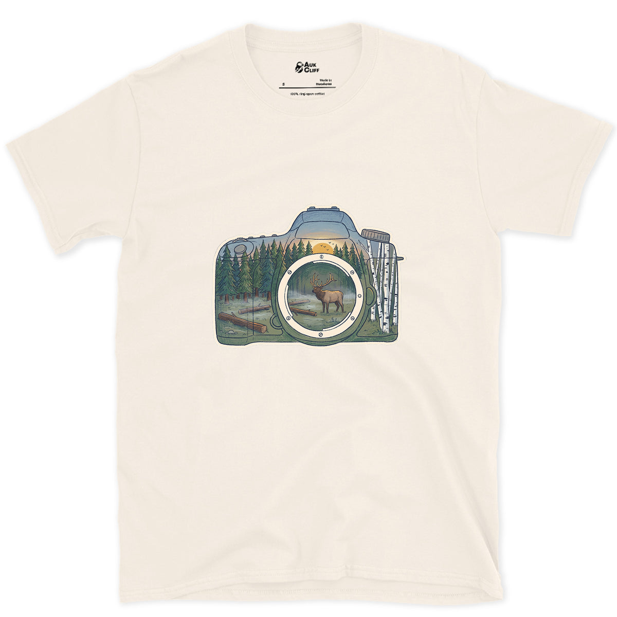 The Elk the Camera Waited For design on a Natural Gildan Softstyle t-shirt
