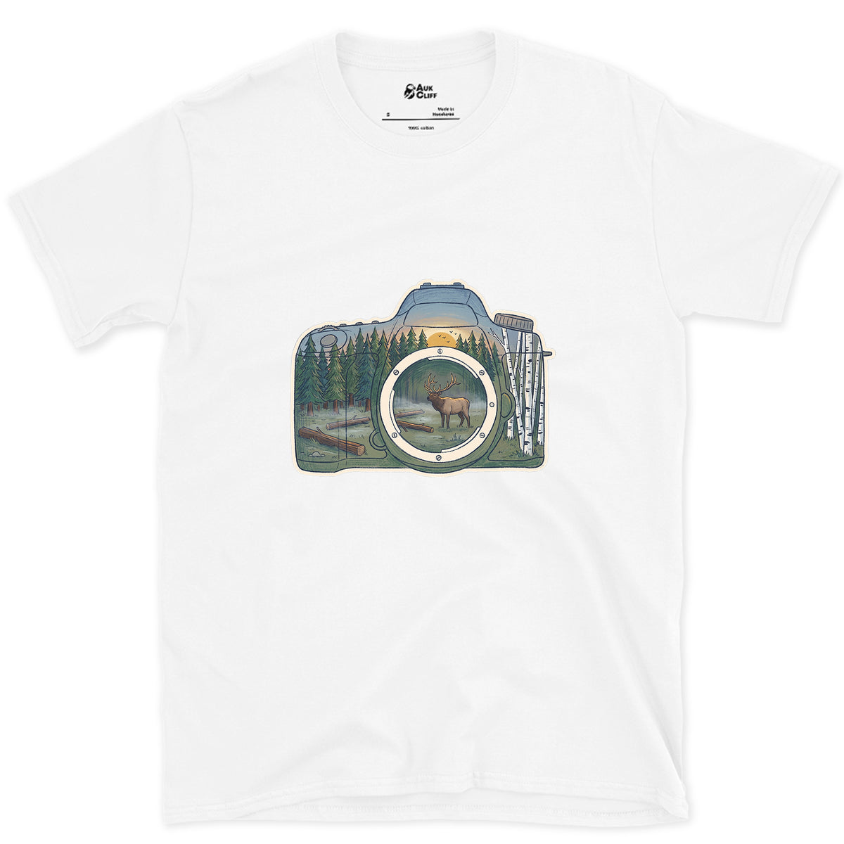 The Elk the Camera Waited For design on a White Gildan Softstyle t-shirt